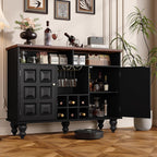 Vabches 45" Wine Bar Cabinet with Wine Rack and Glass Holder, Mid Century Modern Farmhouse Liquor Coffee Bar with Storage & Retro Square Doors, Sideboard Buffet Cabinet for Kitchen Dining Room, Black