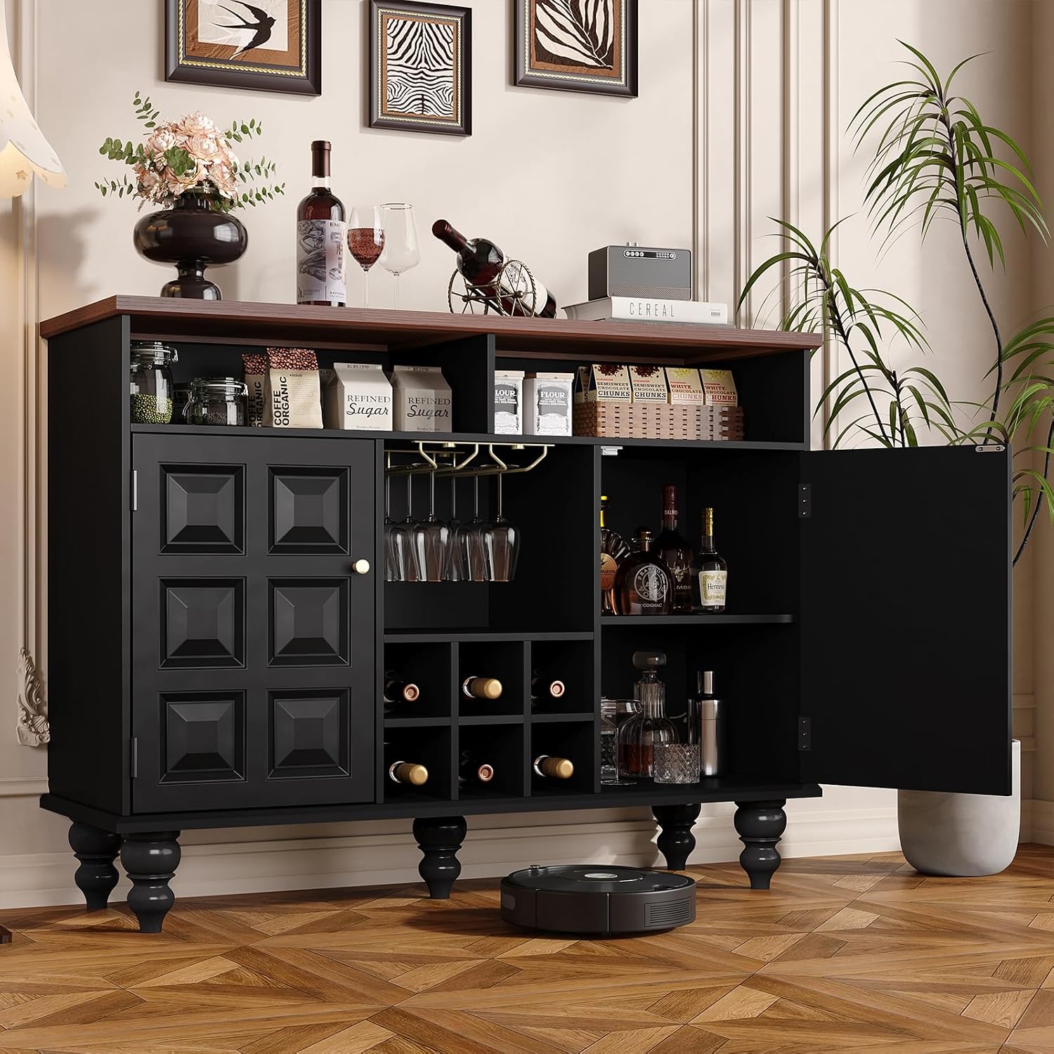 Vabches 45" Wine Bar Cabinet with Wine Rack and Glass Holder, Mid Century Modern Farmhouse Liquor Coffee Bar with Storage & Retro Square Doors, Sideboard Buffet Cabinet for Kitchen Dining Room, Black
