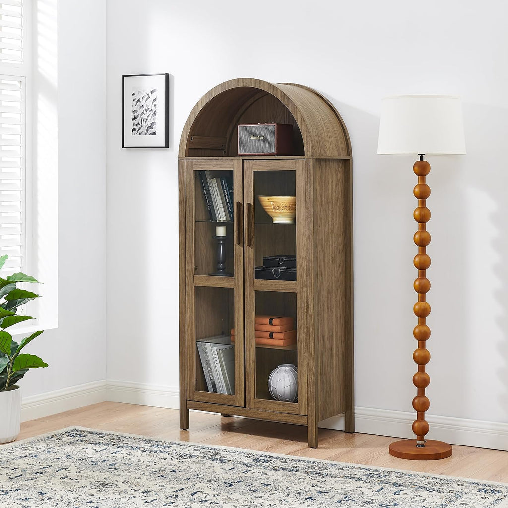 JIJIWANG Tall Wooden Arched Cabinet,LED Arched Kitchen Pantry Cabinet with Doors & Shelves,Modern Retro-Style Wooden Storage Cabinets with Adjustable Glass Partitions for Dining Room,Brown