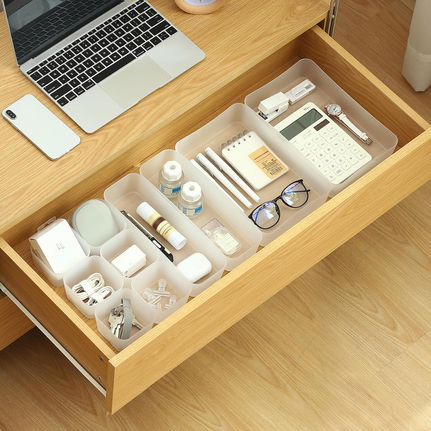 Poeland 10 Pcs Drawer Organizer Tray Storage Box for Bedroom Dresser Bathroom Kitchen, Frosted