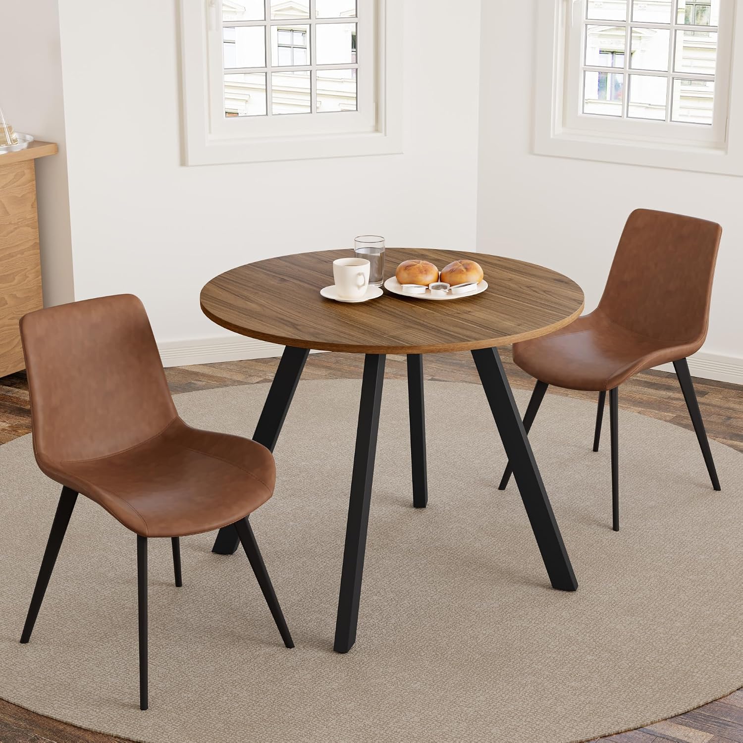 Zerifevni 34.6'' Dining Table and Chairs for 2, Mid Century Modern Round Table Set, Space Saving for Apartment Kitchen Dining Room (Walnut Table+2 Brown Chairs)