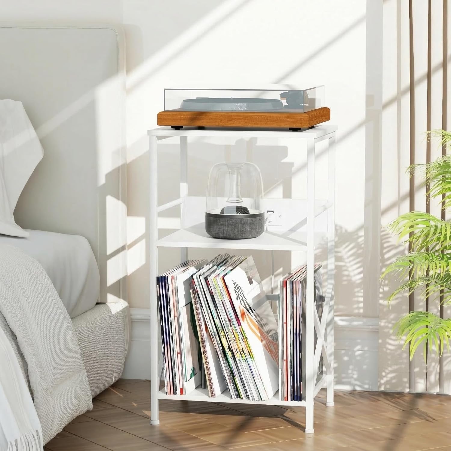 DALEMHOME Record Player Stand with Charging Station, 3-Tier Side Table for 100 Vinyl Storage, End Table for Living Room, Bedroom, White HKET1001WT
