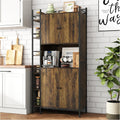 Industrial Style Kitchen Pantry Storage Cabinet, Brown Tall Kitchen Hutch with Microwave Stand, Food Pantry Cabinet with Side 6 Shelves and 2 Doors for Dining Room, Living Room