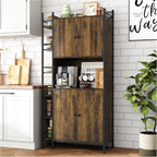Industrial Style Kitchen Pantry Storage Cabinet, Brown Tall Kitchen Hutch with Microwave Stand, Food Pantry Cabinet with Side 6 Shelves and 2 Doors for Dining Room, Living Room