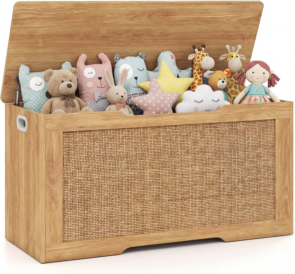 Costzon Kids Storage Bench, 40” Toy Box with Flip Top, 2 Metal Hinges and Side Handles, Wooden Entryway Bench, Rattan Style Storage Chest for Bedroom, Living Room and Playroom