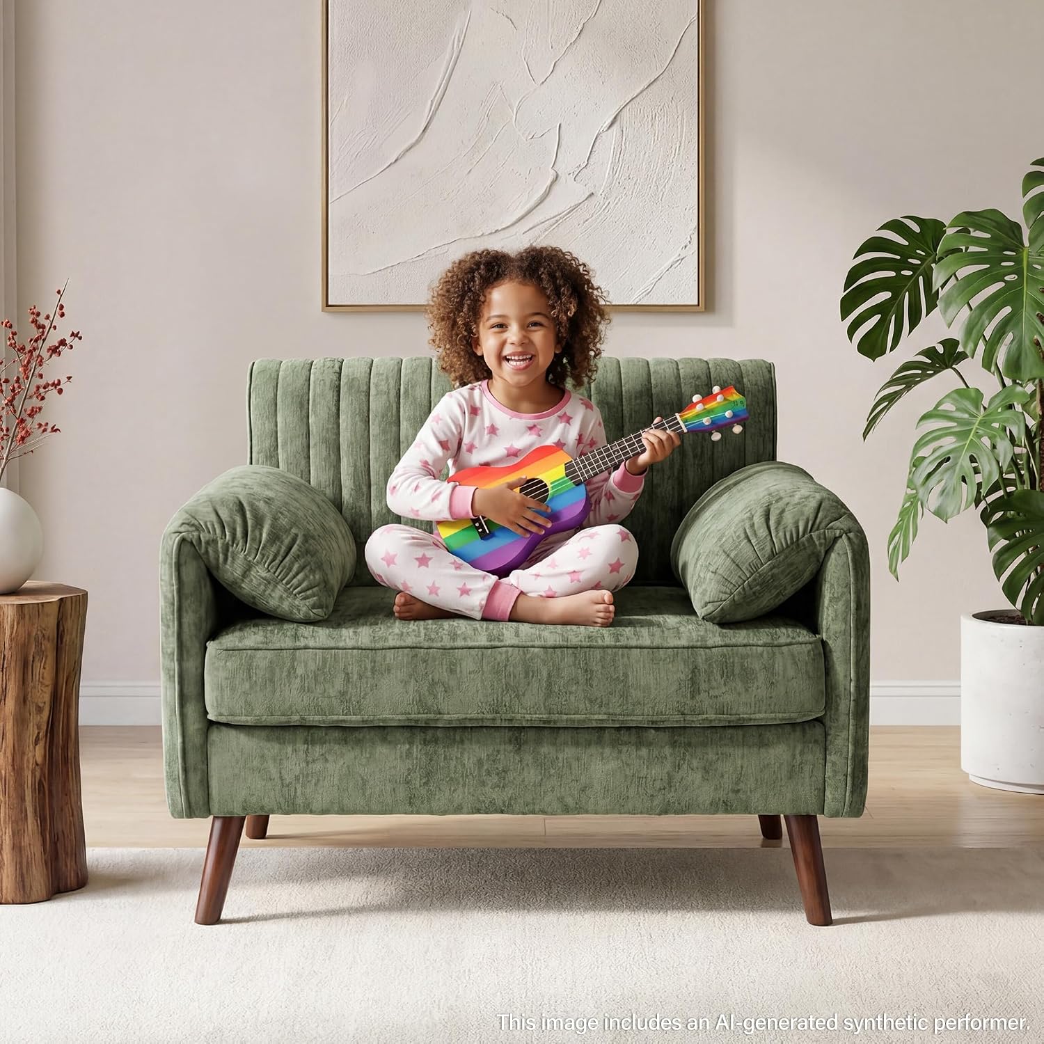 Modern Oversized Accent Reading Chair for Living Room, 43", Chenille, Green | Piping Single Armchair with Quilting Backrest, Padded Arms, Wood Legs for Bedroom, Office, Reception Area