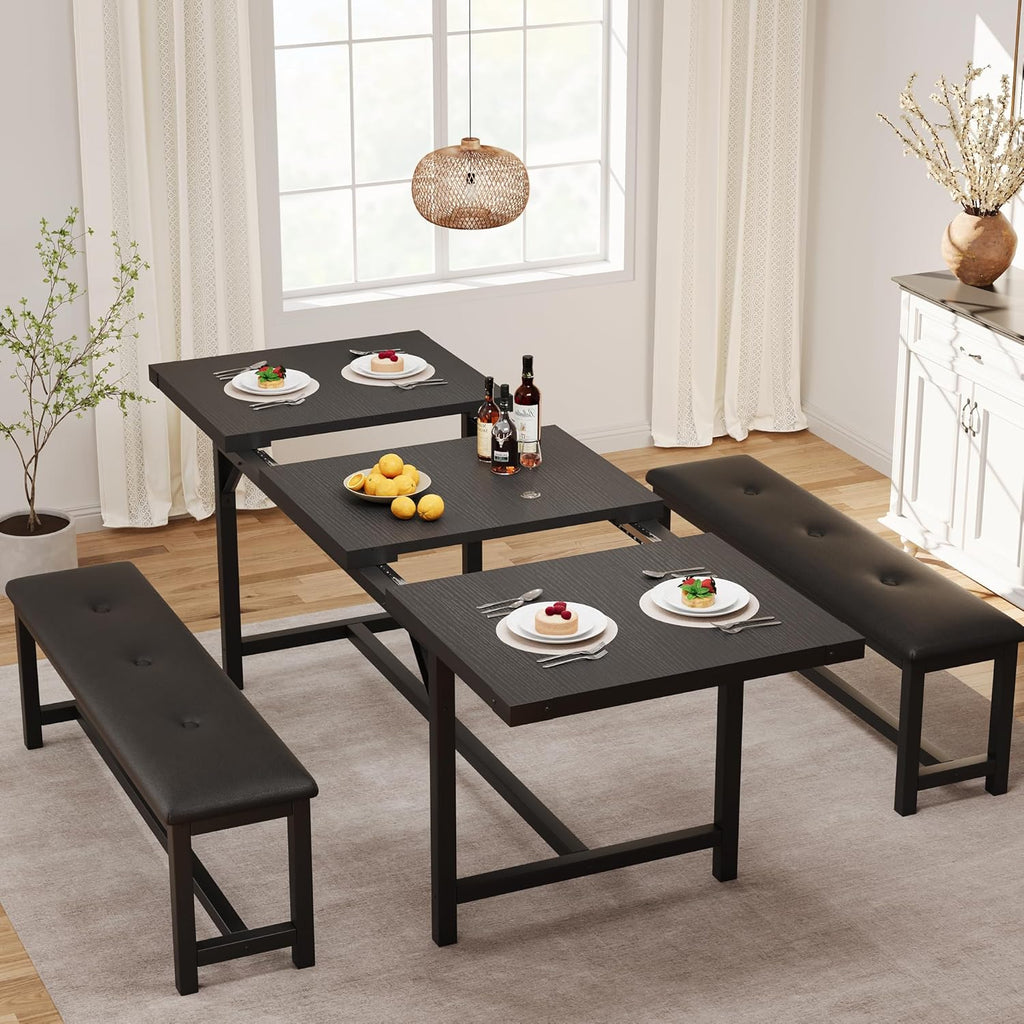 3-Piece Dining Table Set for 4-6 People, Extendable Kitchen Table Set with 2 Upholstered Benches, Dining Room Table Set for Apartment, Kitchen, Living Room, Black