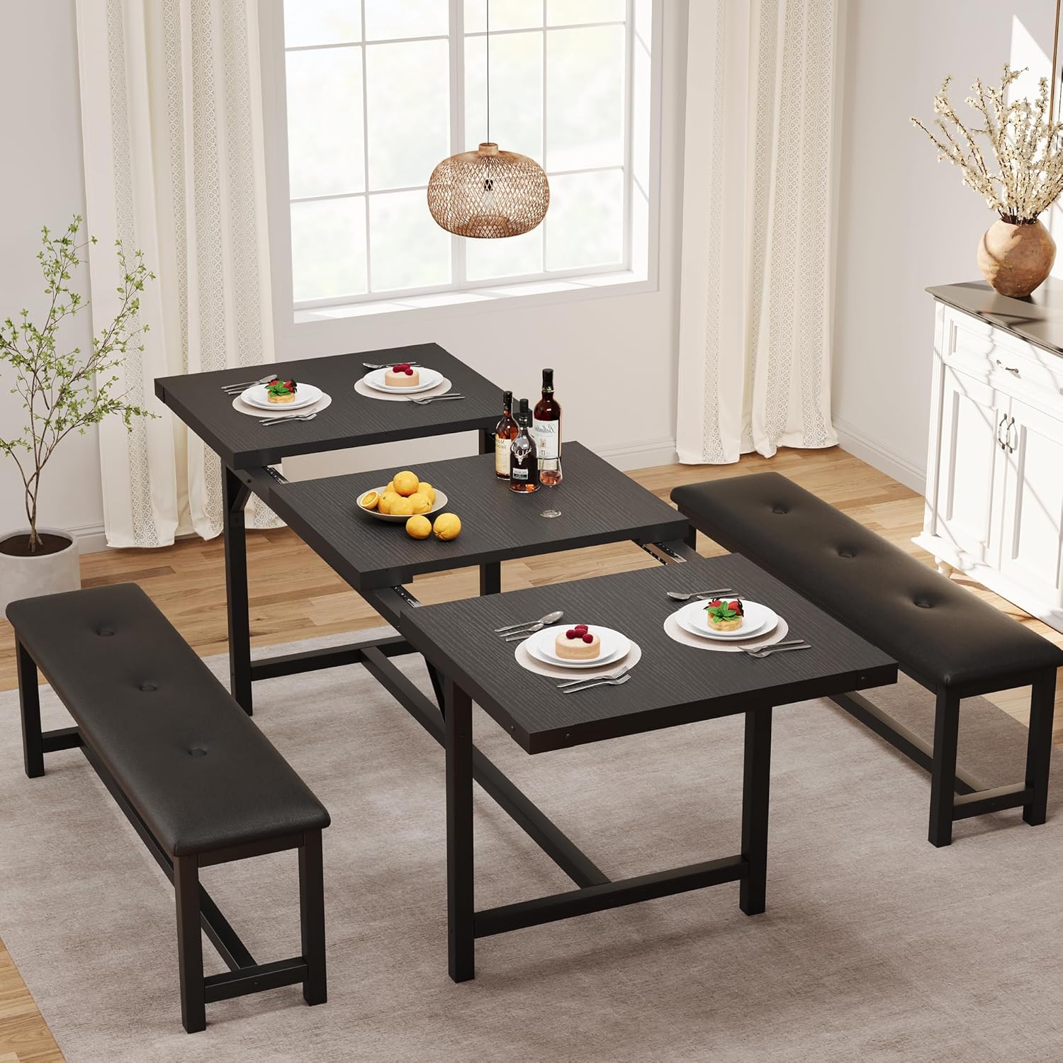 3-Piece Dining Table Set for 4-6 People, Extendable Kitchen Table Set with 2 Upholstered Benches, Dining Room Table Set for Apartment, Kitchen, Living Room, Black
