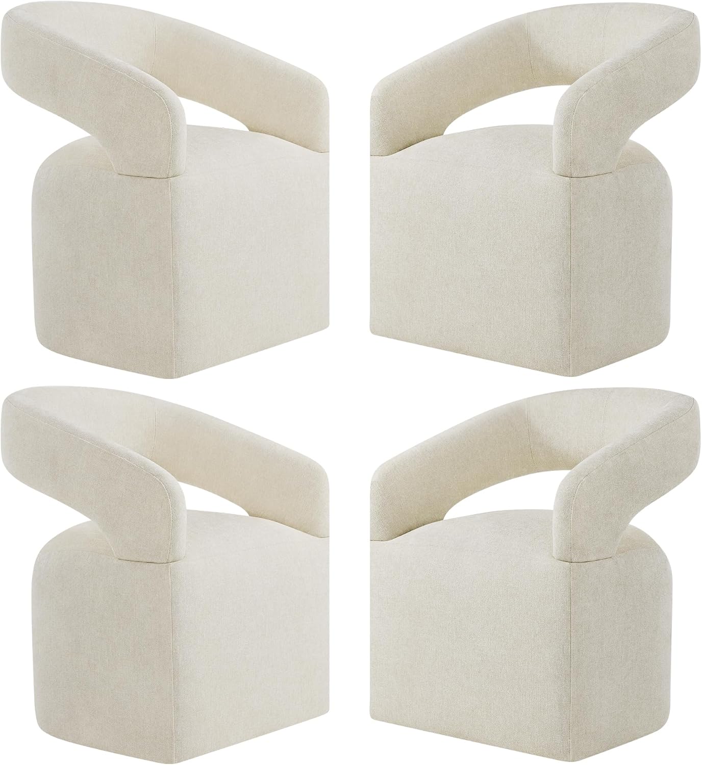 KISLOT Upholstered Dining Chairs Set of 4, Modern Rolling Dining Chairs with Hidden Casters, Arm Kitchen Chairs with Linen Look Fabric, Padded Barrel Chairs for Dining Room, Kitchen, Cream Beige