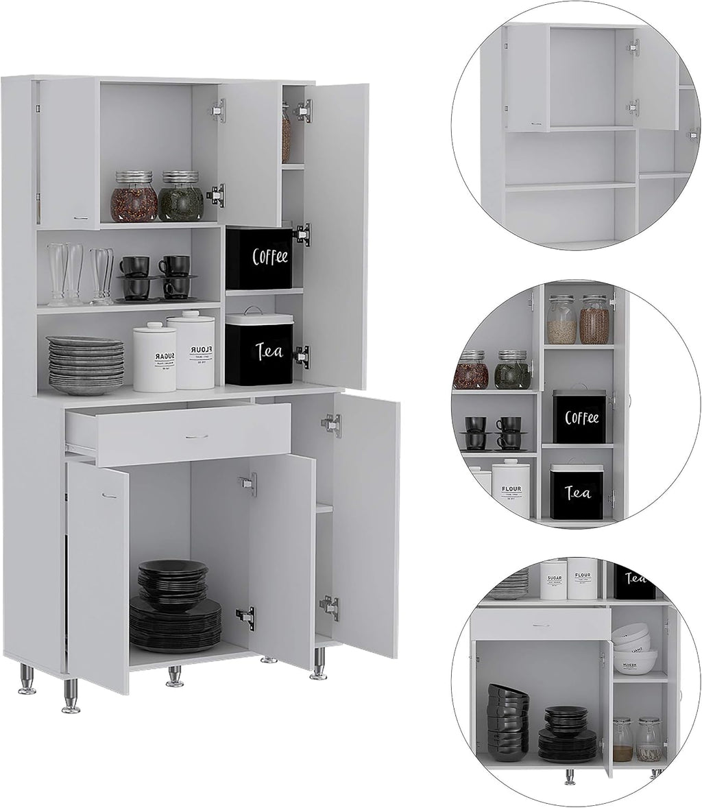 90 Kitchen Pantry Cabinet,Two Open Shelves,One Drawer,Multiple Cabinets,for Kitchen,Dining Room,White,35.4 * 13.7 * 66.5