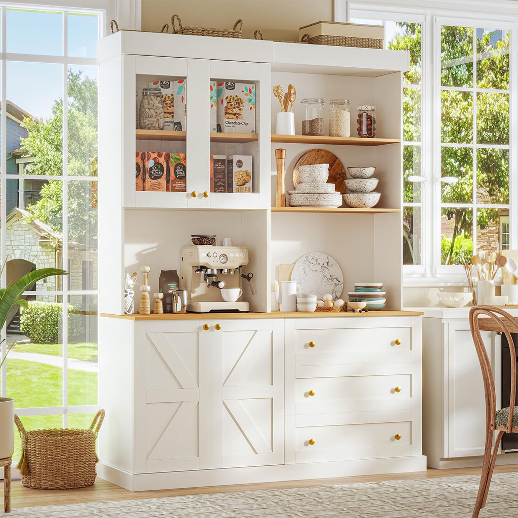 ivaniti 71" Farmhouse Kitchen Pantry Cabinet, White Freestanding Storage Hutch with Glass Doors, Drawers & Countertop, Microwave Stand & Coffee Bar, Adjustable Shelves, Set of 2