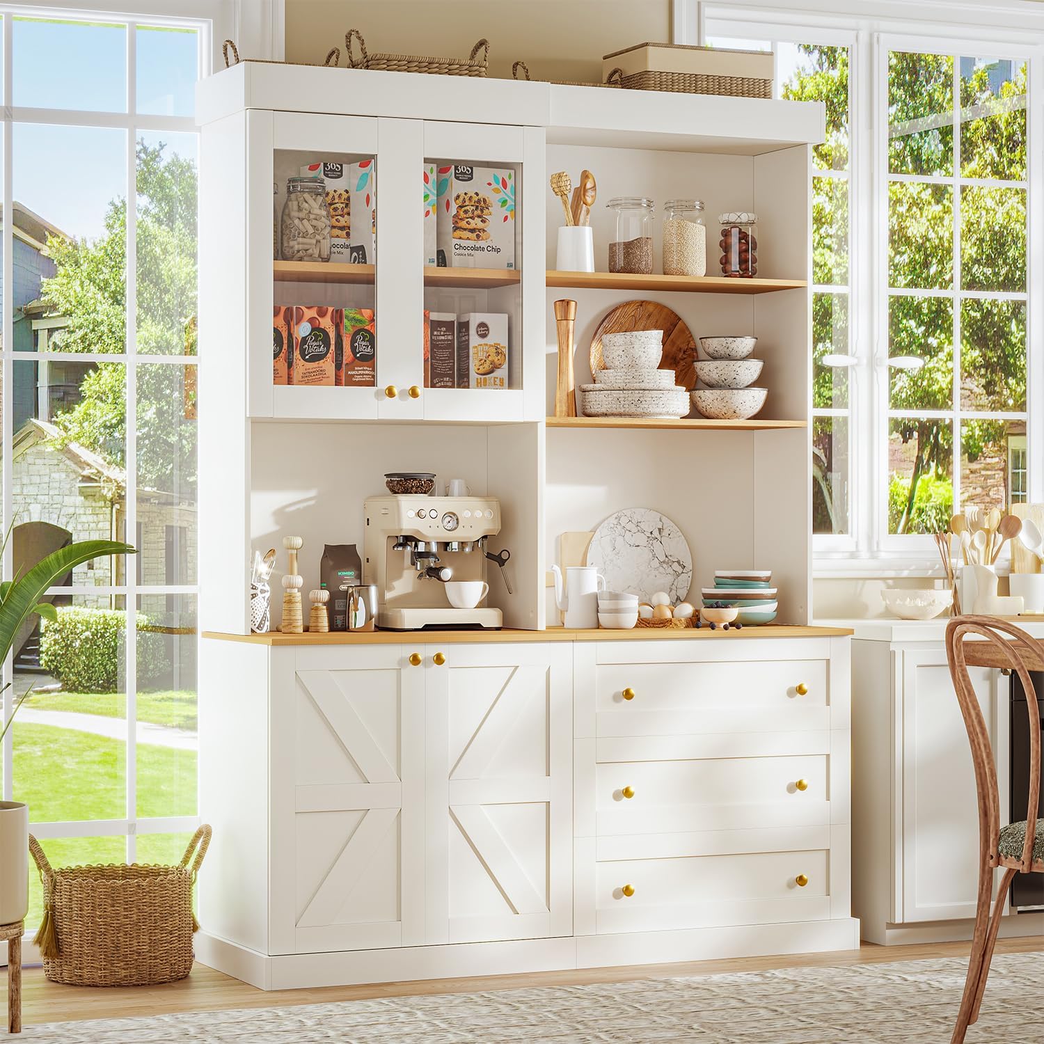 ivaniti 71" Farmhouse Kitchen Pantry Cabinet, White Freestanding Storage Hutch with Glass Doors, Drawers & Countertop, Microwave Stand & Coffee Bar, Adjustable Shelves, Set of 2