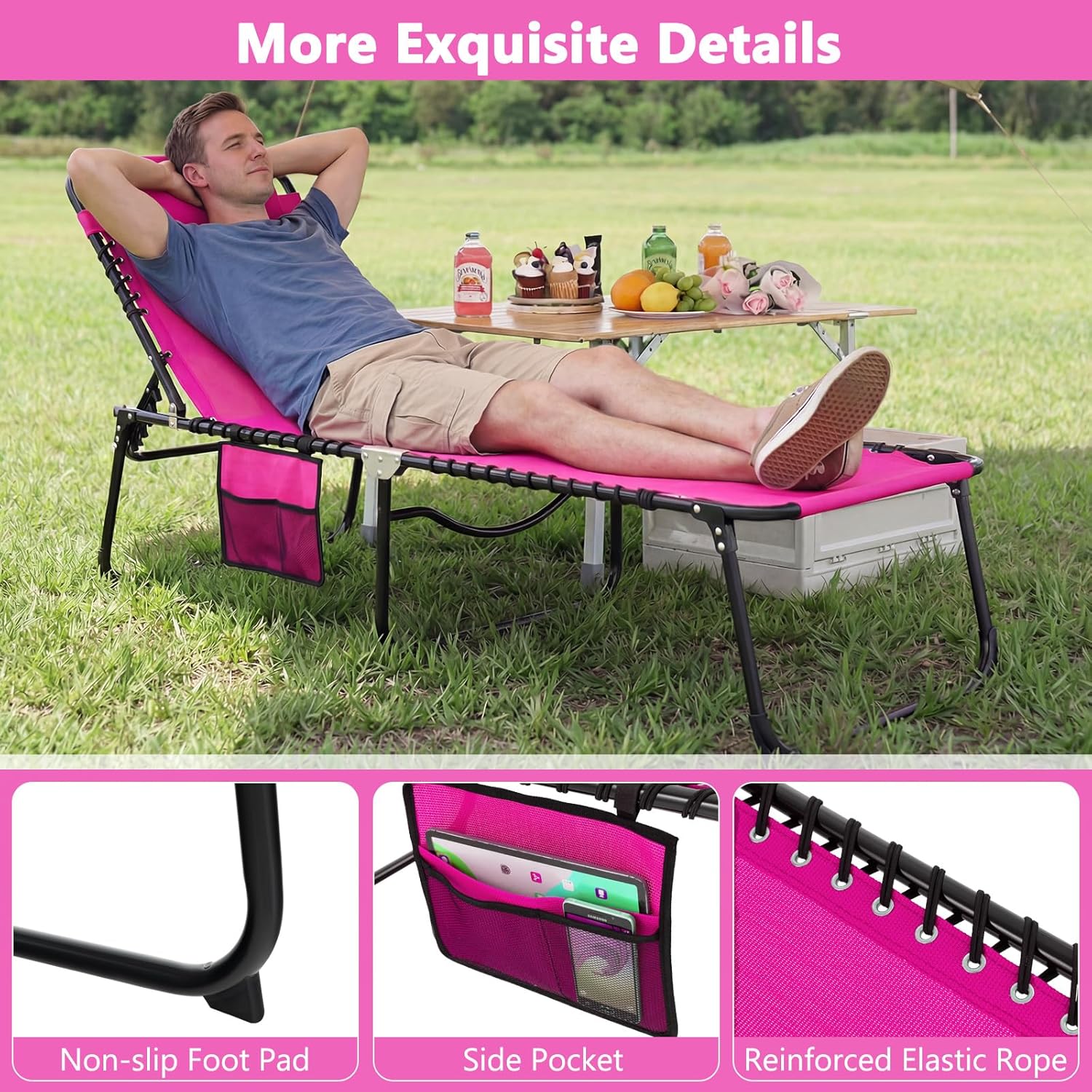 Giantex Patio Lounge Chairs for Outside - Folding Tanning Chair w/Headrest, 4 Adjustable Positions, Side Pocket, Outdoor Chaise Lounge for Camping, Pool, Sunbathing Beach Chair, Pink