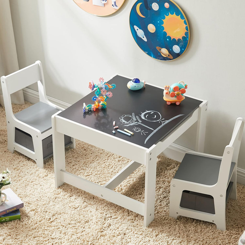 GTOLV Kids Table and Chair Set, 3 in 1 Wooden Activity Table with Storage Drawer for Toddlers Drawing, Reading, Crafts, 2 in 1 Detachable Tabletop Table Set for Nursery, Playroom (Gray)