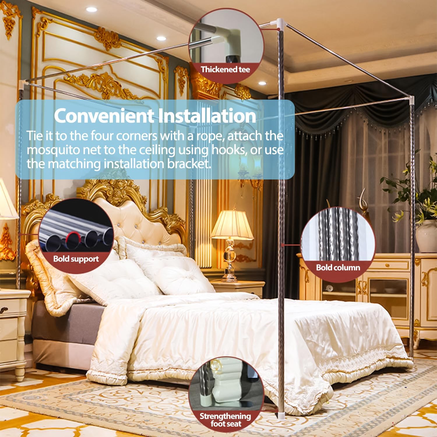 Large Space Mosquito Net, Three Side Opening Canopy Bed Curtains, Princess Bed Drapes Netting for Private Quiet Space Bedroom Decoration, L78xW59xH78 Inches for Queen Size Bed