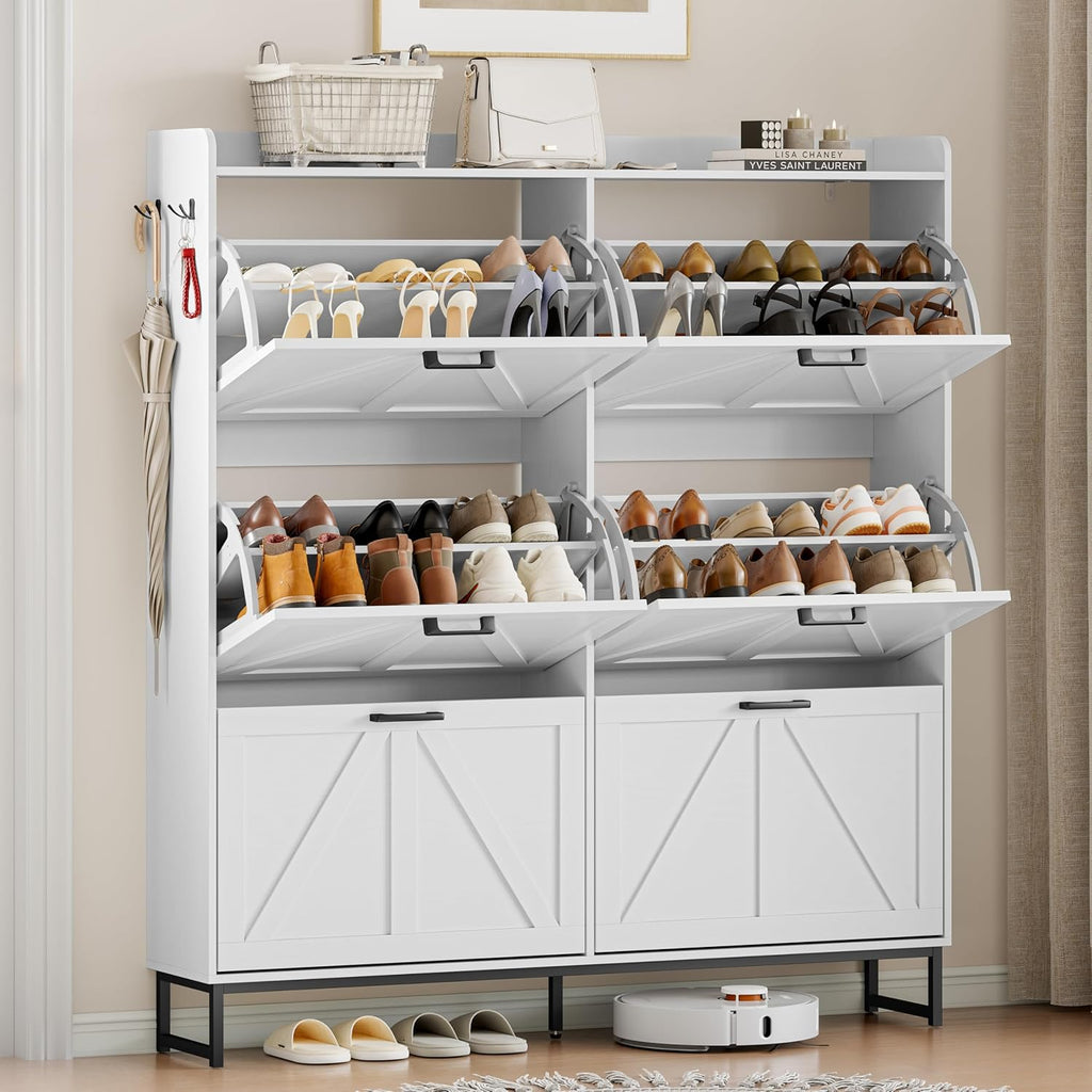 Wodeer Shoe Cabinet Storage for Entryway, Shoe Storage Cabinet with 6 Flip Drawers, Freestanding Narrow Shoe Rack Organizer with Metal Legs, Adjustable Shelves & Open Storage for Foyer, Hallway, White
