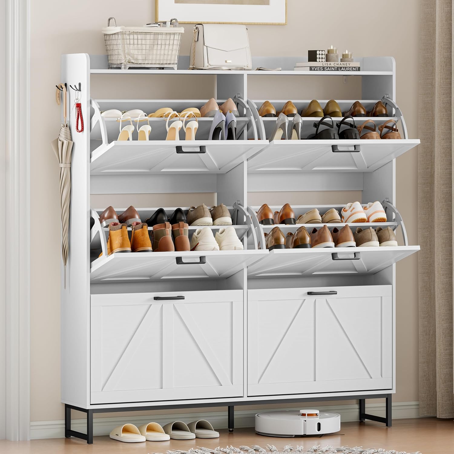 Wodeer Shoe Cabinet Storage for Entryway, Shoe Storage Cabinet with 6 Flip Drawers, Freestanding Narrow Shoe Rack Organizer with Metal Legs, Adjustable Shelves & Open Storage for Foyer, Hallway, White