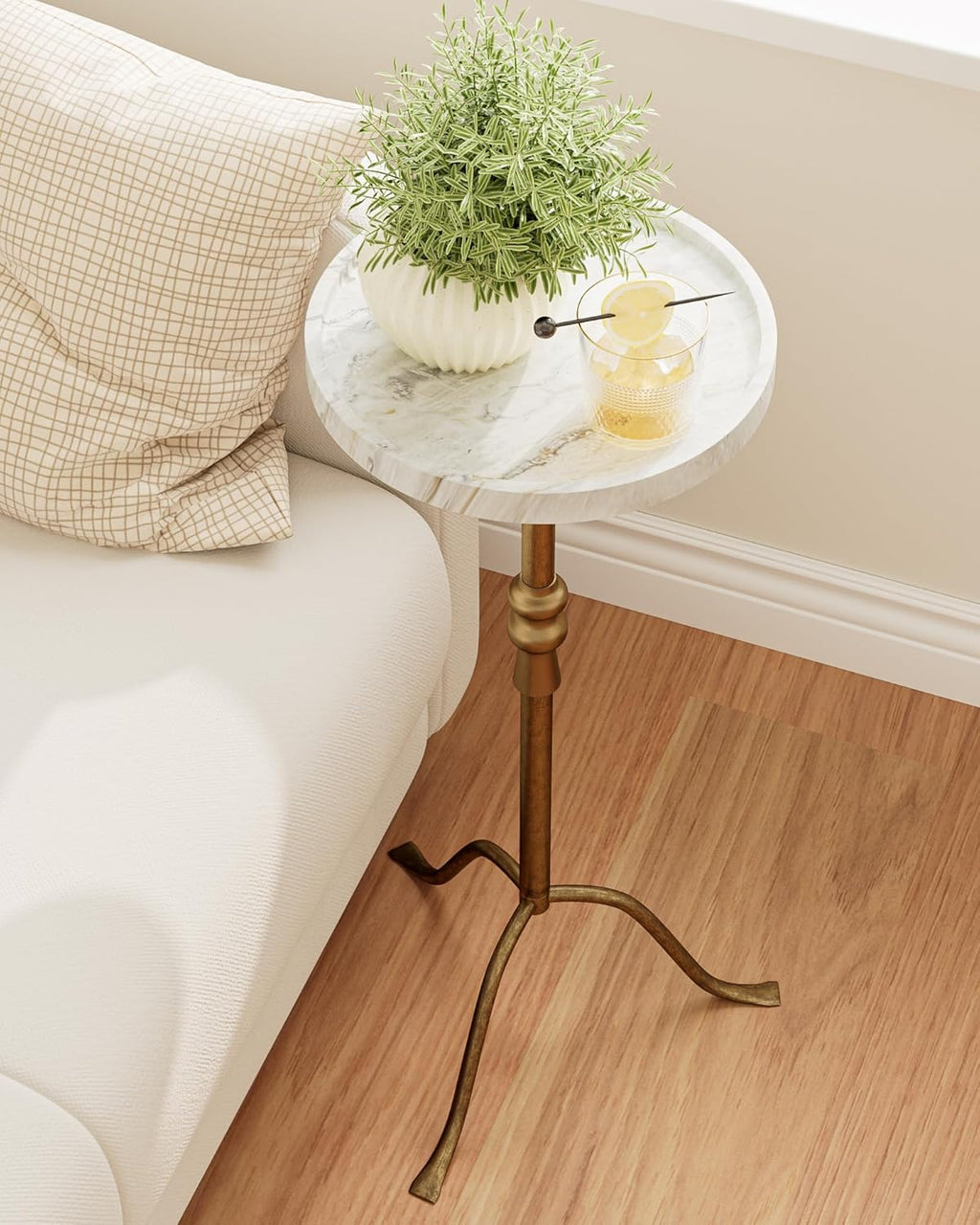 Brass Distressed Iron Round Pedestal End Table, 25 Inch Vintage Martini Cocktail Accent Table with Tray Top for Living Room, Bedroom (White Marble)