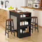 COSTWAY 3-Piece Bar Table Set, 36" Counter Height Breakfast Table with 3 Storage Shelves & 2 Round Stools, Rectangular Kitchen Table Set for 2, for Dining Room, Living Room, Rustic Brown and Black