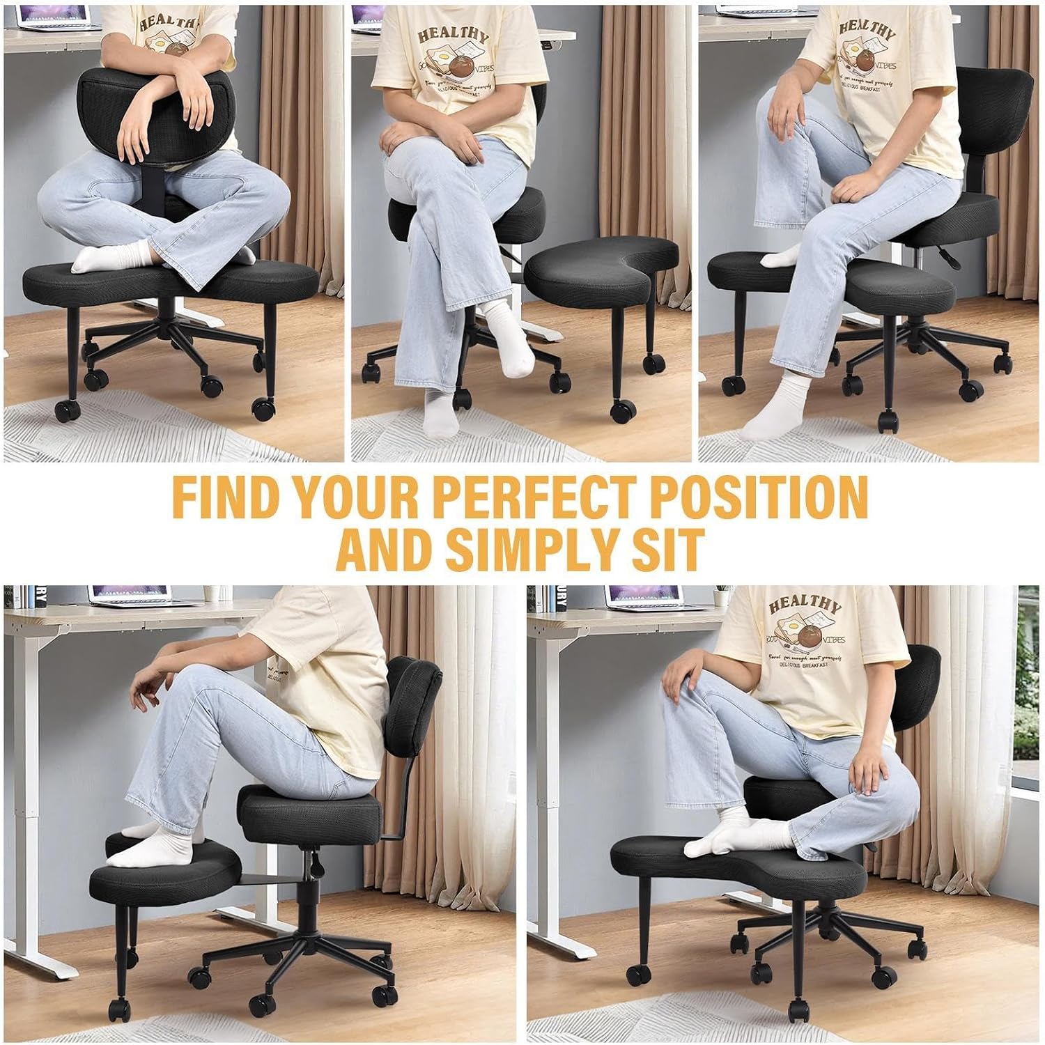 Ergonomic Cross Legged Chair, 360° Swivel Meditation Chair with Wheels for ADHD Desk & Yoga, Criss Cross Design with Strong Lumbar Support, Height-Adjustable Seat Mesh Style, Home Office - Black