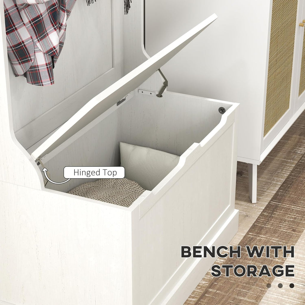 HOMCOM Hall Tree with Bench and Shoe Storage, 3-in-1 Entryway Bench with Coat Rack, 4 Hooks and Flip Top Storage Compartment, Cream White