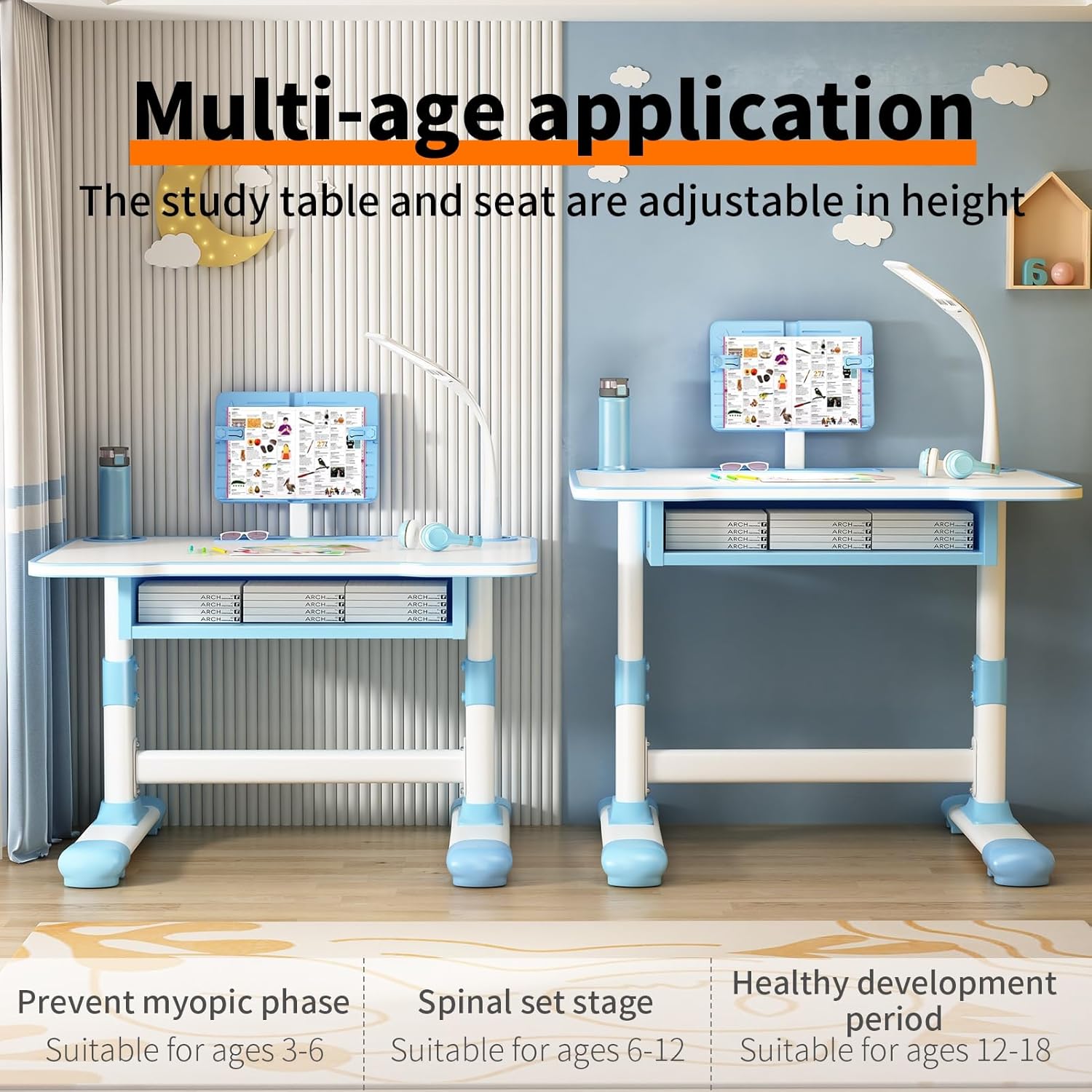 Table and Chair Set with Bookstand for Kids, Height-Adjustable Functional Desk and Chair Set, Study Table for Boys Girls, Children Study Desk, School Study Table for Writing Reading Pink