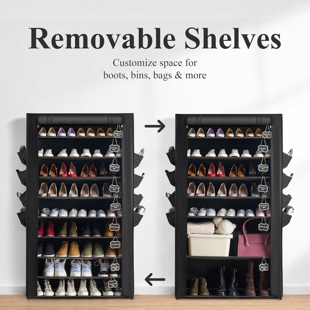 RevoHome Shoe Rack with Cover, 10 Tier Shoe Organizer for Closet, Holds 50 Pairs, Vertical Space Saving Shoe Storage Shelf with 8 Side Pockets & Chalkboard Labels for Entryway, Bedroom, Dorm