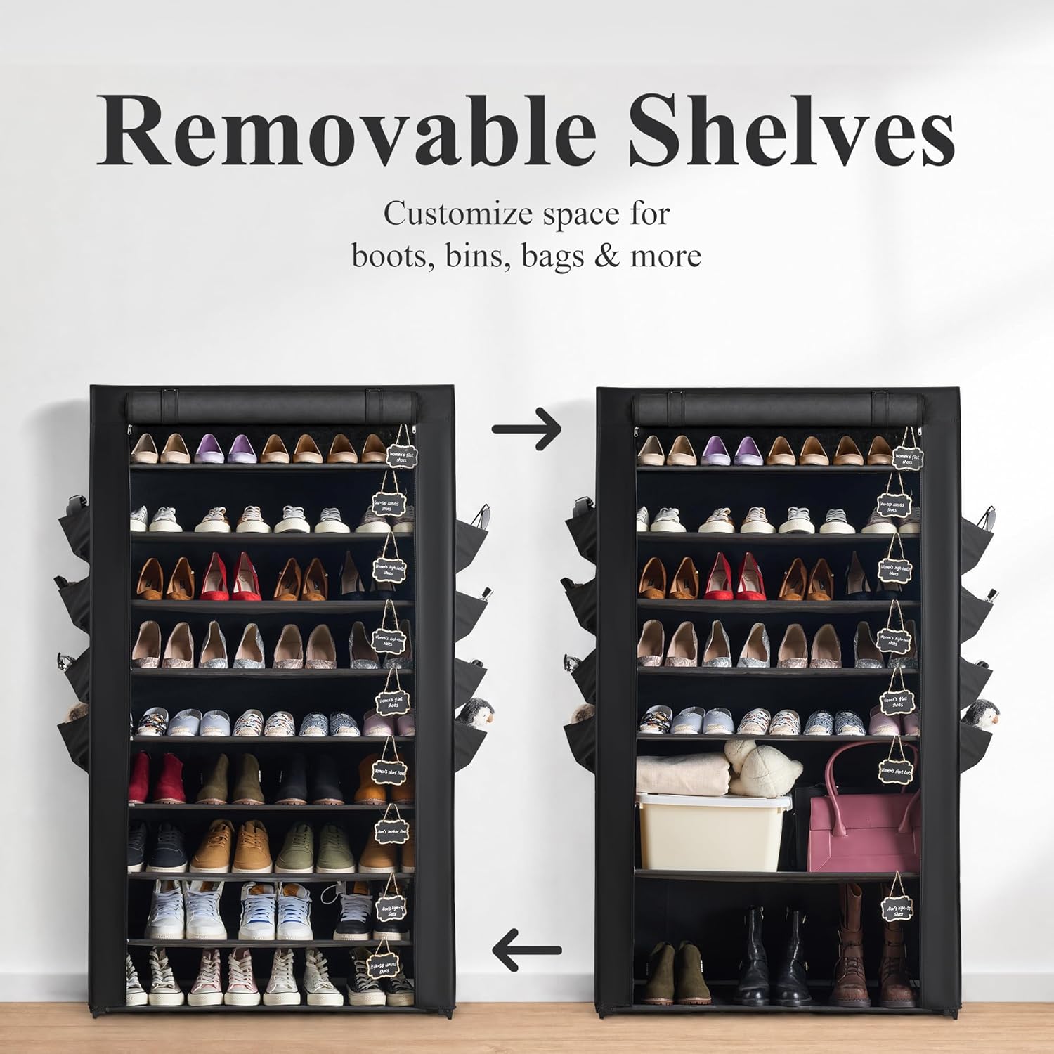 RevoHome Shoe Rack with Cover, 10 Tier Shoe Organizer for Closet, Holds 50 Pairs, Vertical Space Saving Shoe Storage Shelf with 8 Side Pockets & Chalkboard Labels for Entryway, Bedroom, Dorm