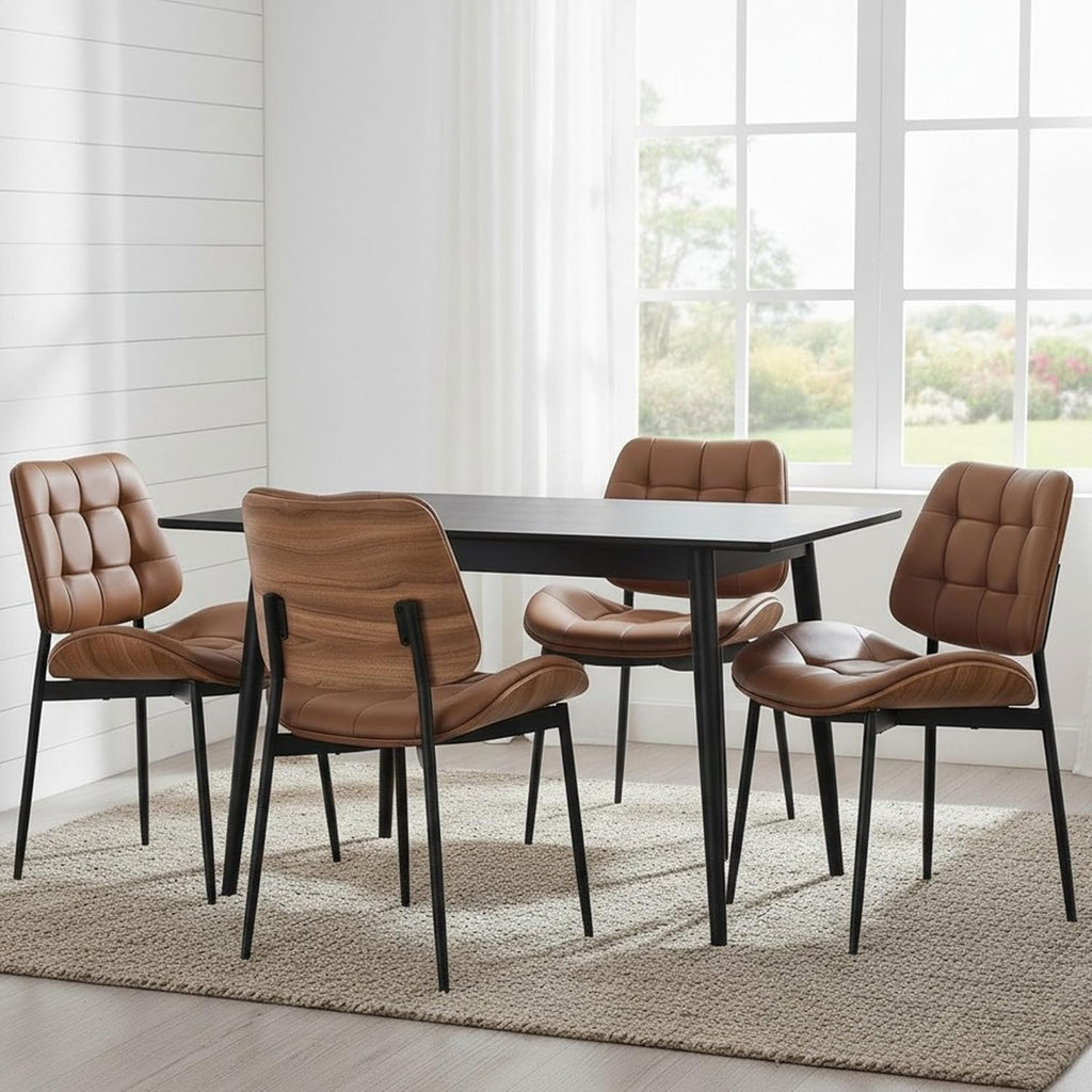 Upholstered Dining Chairs Set of 4, Mid Century Modern Faux Leather Dining Chairs with Walnut Bentwood Back and Metal Legs for Dining Room, Restaurant, Café, Brown