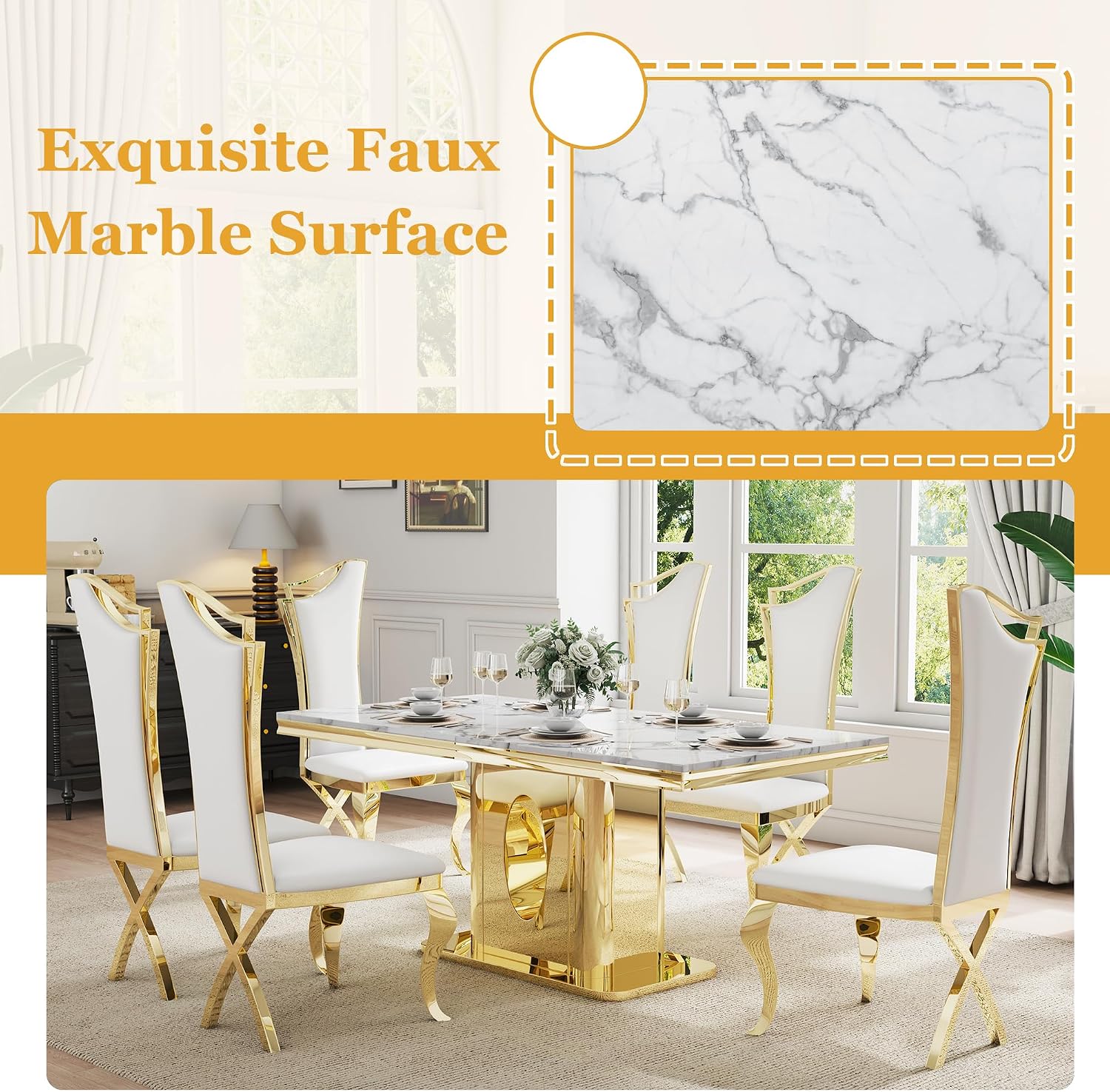 7-Piece Modern White Marble Dining Table Set, 70" Rectangular Kitchen Table with 6 High Backrest Chairs, Dining Room Set for 6 with Gold Stainless Steel Base for Dining Room