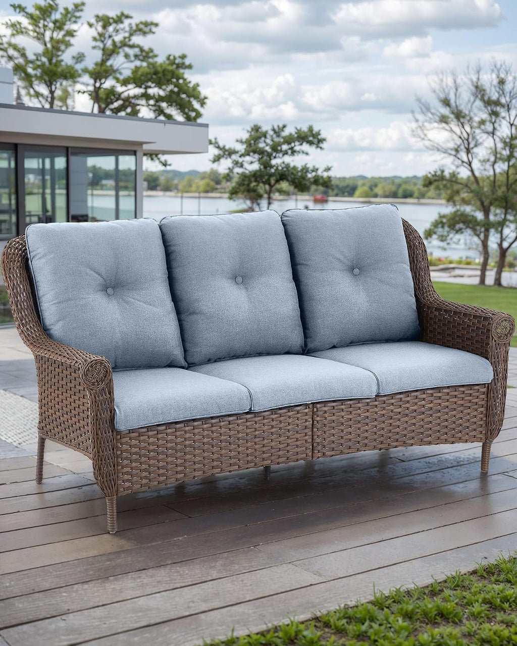 Patio Couch Outdoor Wicker Sofa - Heavy Duty All-Weather Brown Rattan 3-Seater with High Back and Comfy Thick Cushions for Garden Back Porch Poolside Apartment - Baby Blue