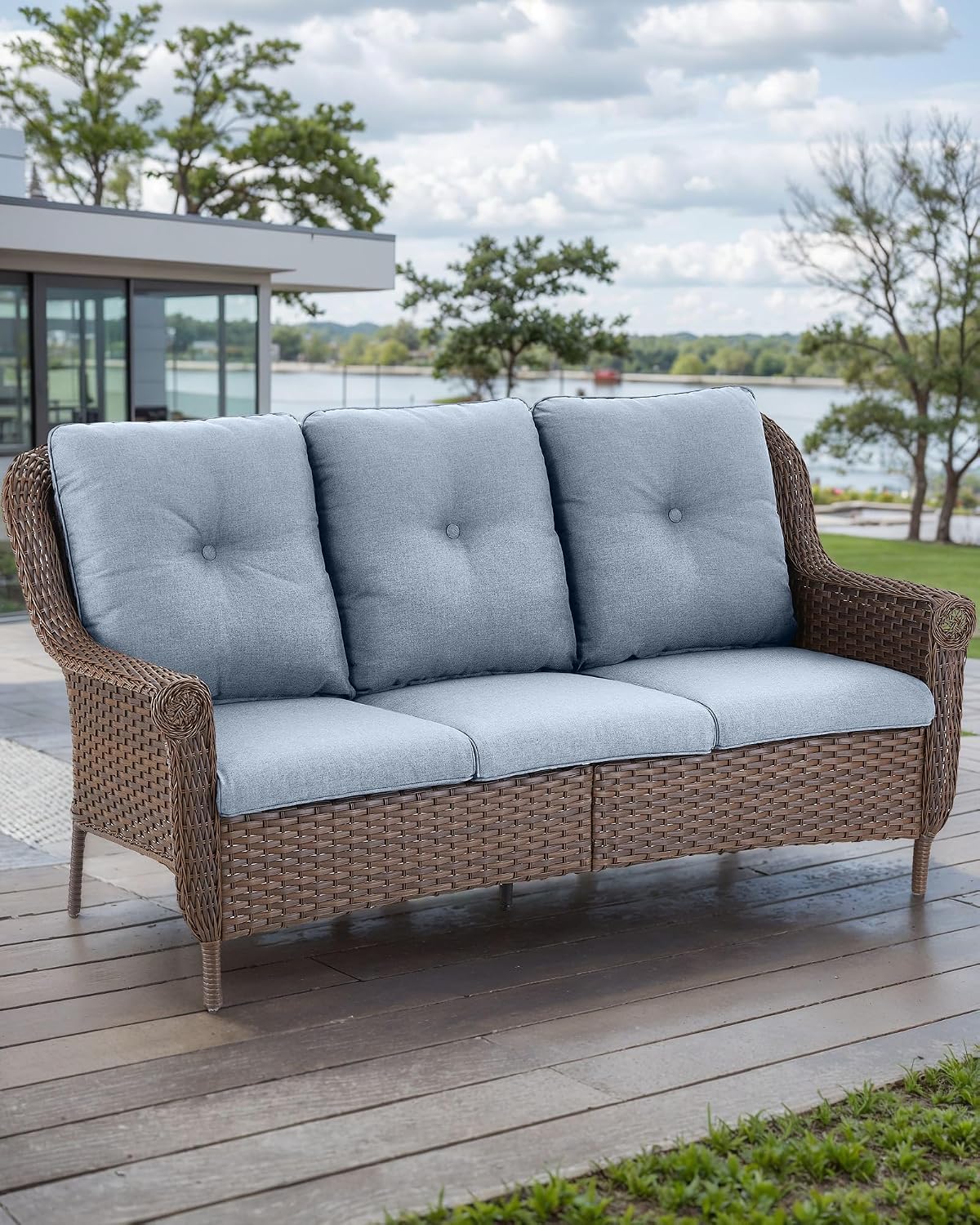 Patio Couch Outdoor Wicker Sofa - Heavy Duty All-Weather Brown Rattan 3-Seater with High Back and Comfy Thick Cushions for Garden Back Porch Poolside Apartment - Baby Blue