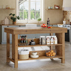 Kitchen Island with Storage, Solid Wood Kitchen Island Table | Solid Wood; 2-Tier Open Storage Shelves and Seating; Farmhouse; for Kitchen, Dining Room
