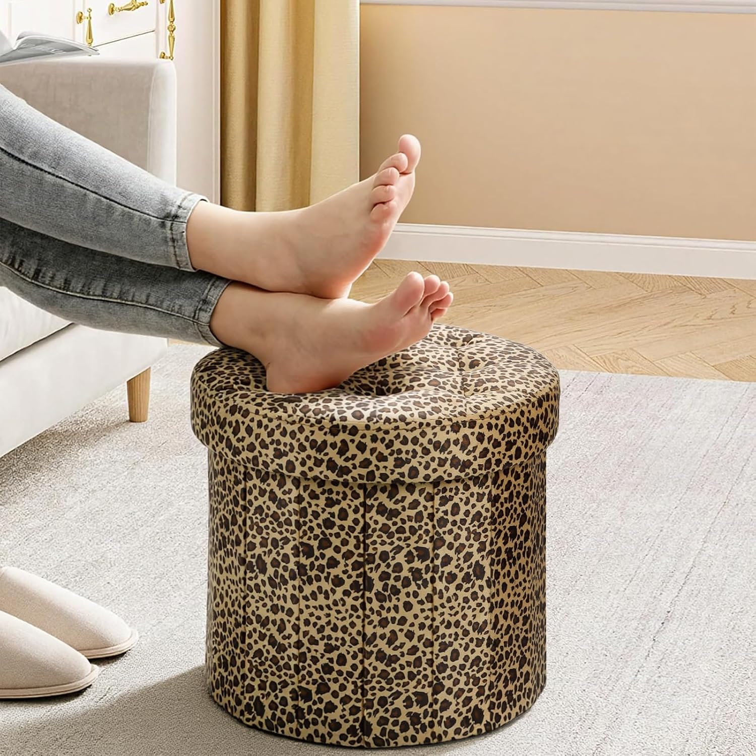 AmasSmile Storage Ottoman Folding Foot Rest Stool, 14x14x13 inch Small Velvet Footstool Bench, Short Ottoman Bench, Storage Foot Rest Store, Blanket Chest, Leopard Print