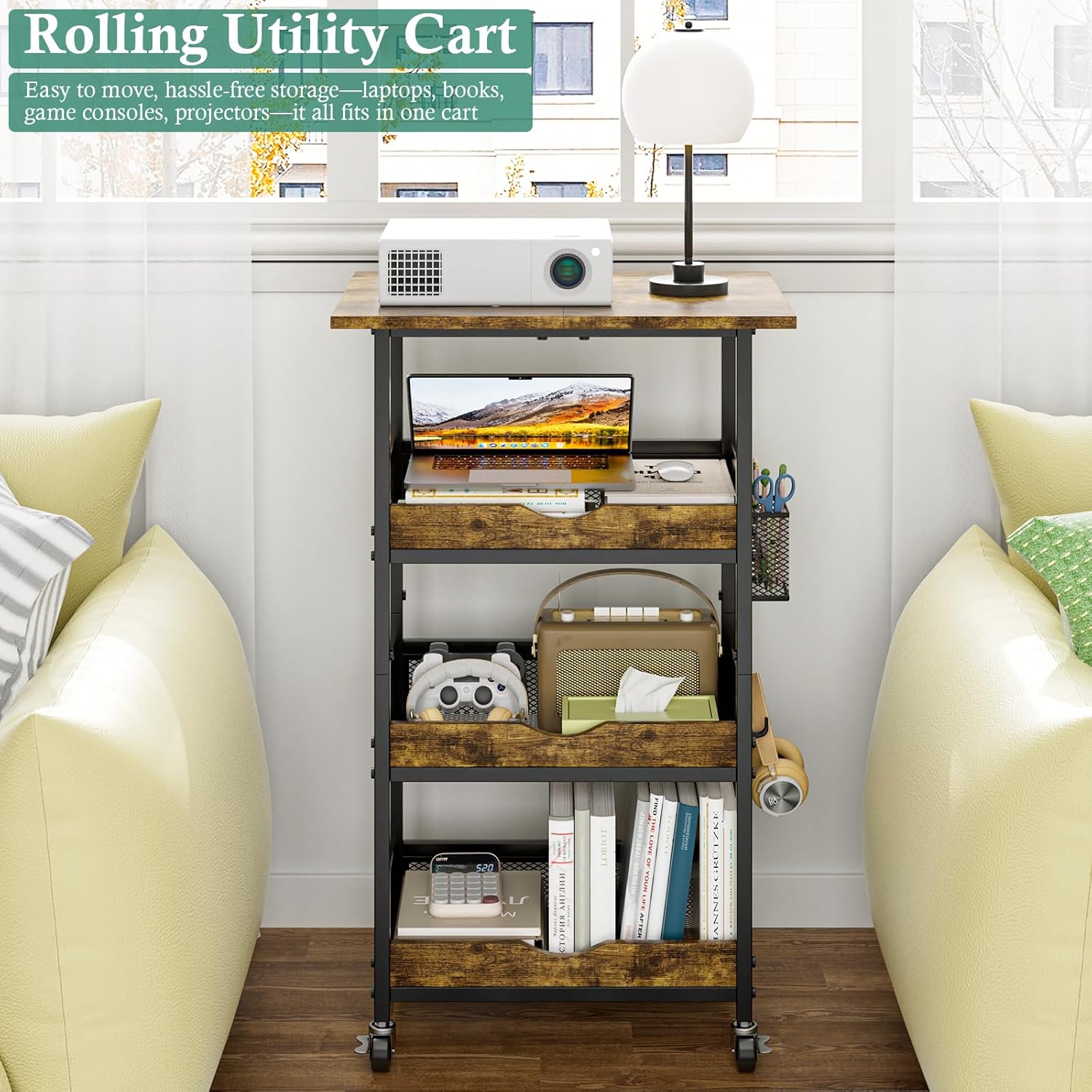 XYZLVSI Rolling Kitchen Microwave Cart, 4 Tier Microwave Table Stand with Fruit Baskets, Kitchen Storage Rack on Wheels, Small Coffee Bar Station Shelf Organizer for Pantry, Living Room Office