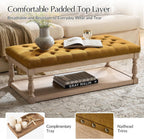 HULALA HOME Rectangle Ottoman Coffee Table with Tray, Tufted Living Room Ottoman with Solid Wood Storage Shelf, Golden