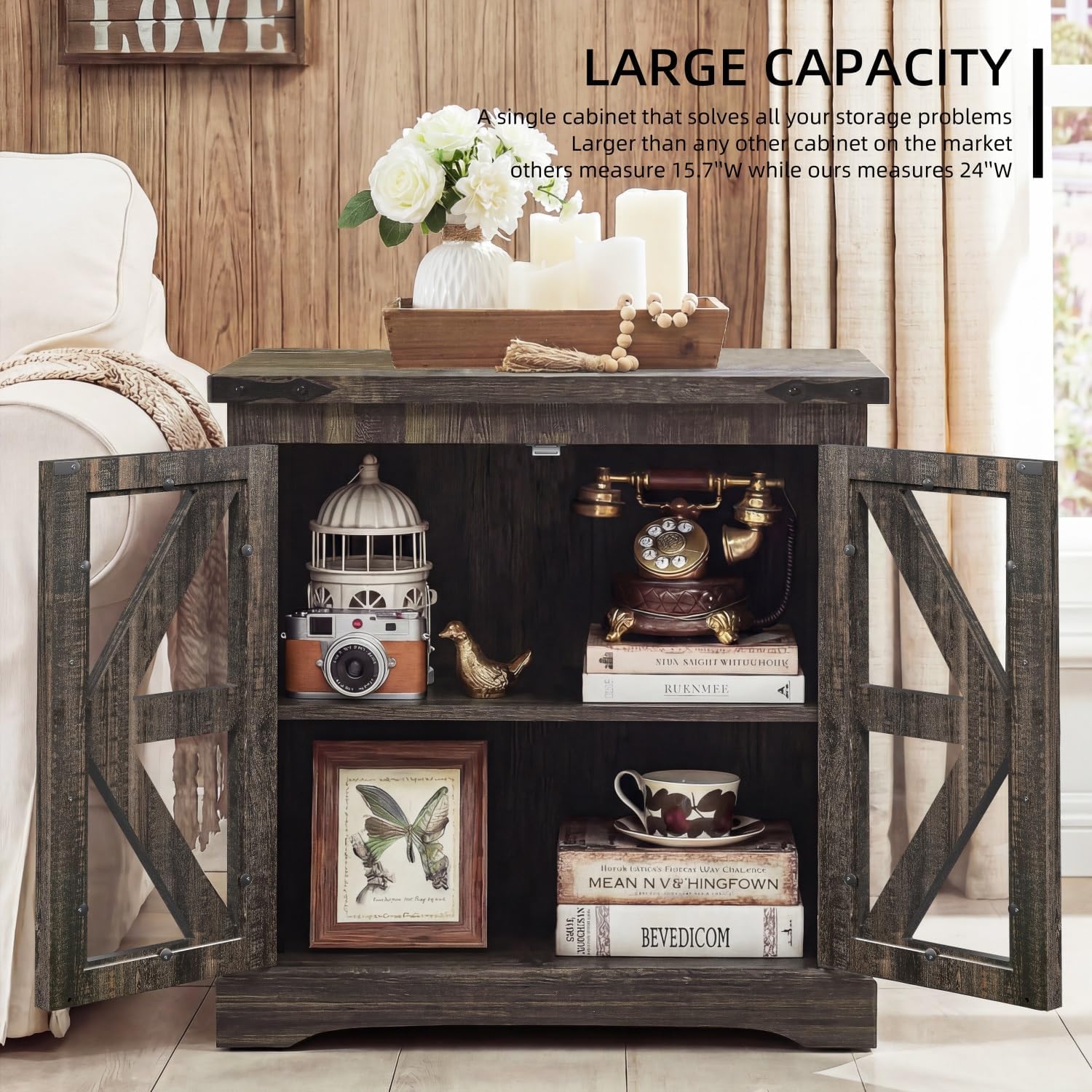 Farmhouse End Table, 24" Large End Tables with Storage, Rustic Square Sofa Beside Table with Glass Barn Door, Wood Side Table Square Nightstand for Living Room, Bedroom, Office (Antique Finish)
