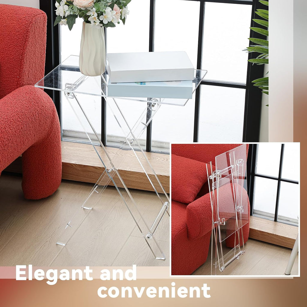 Namalu Acrylic Foldable TV Dinner Table Clear Small Folding Tray Space Saving for Eating Snack Coffee Bed Desk Living Room Kitchen Furniture Easy Assembly(No Edge,24 * 20 * 14 Inches,Transparent)