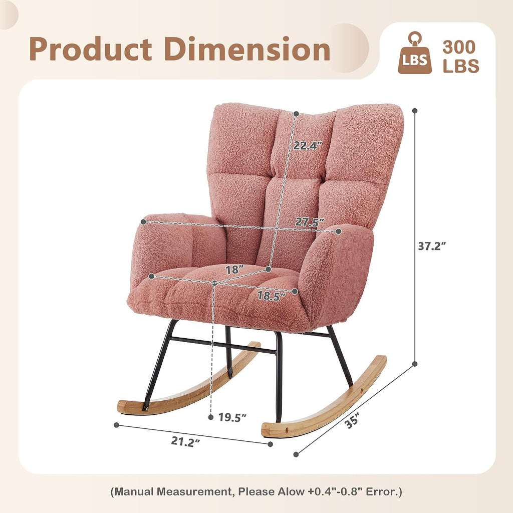 Setawix Upholstered Rocking Chair with Arms for Nursery,Tufted Rocker Glider Chairs,Teddy Fabric Rocking Armchair,Mid Century Modern Accent Chairs for Living Room,Bedroom (Teddy Pink, 27.2")