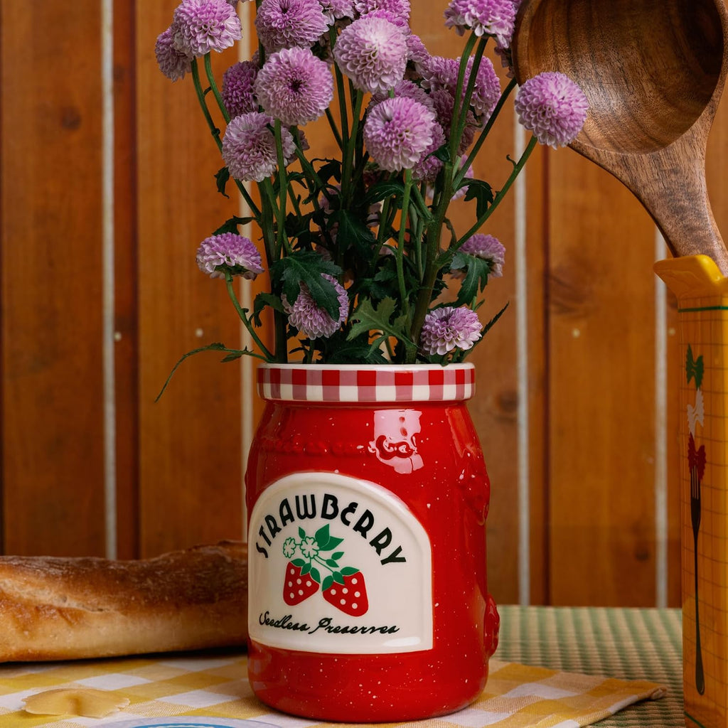 ban.do Ceramic Petite Vase, Strawberry Jam | 3.5" x 5.2" Cute Small Flower Vase with Jar Design, Multi-Purpose Desk Cup, Makeup Brush Holder, and Kitchen Organizer