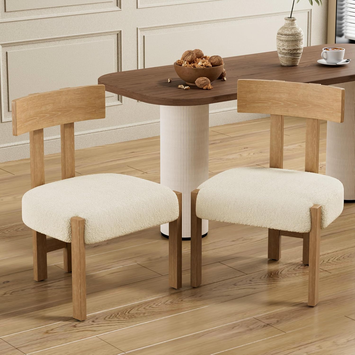 Okeysen Set of 4 Mid-Century Modern Dining Chair, Armless Round Boucle Upholstered Kitchen Chairs with Wooden Legs and Back, Farmhouse Dining Room Accent Chairs, White