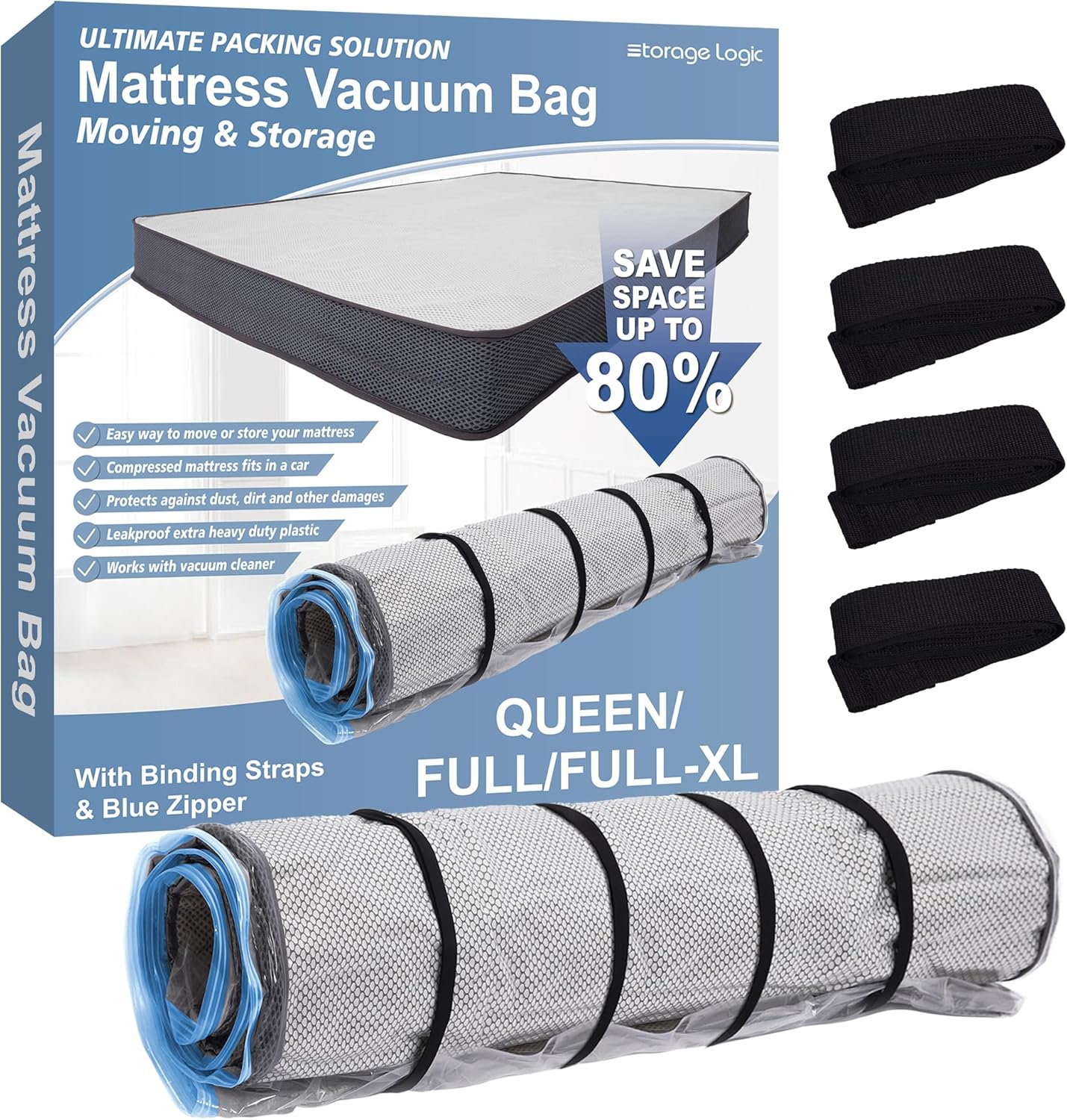 Storage Logic Foam Mattress Vacuum Bag with Blue Zipper, Mattress Storage Bag, Straps Included, Queen/Full/Full-XL