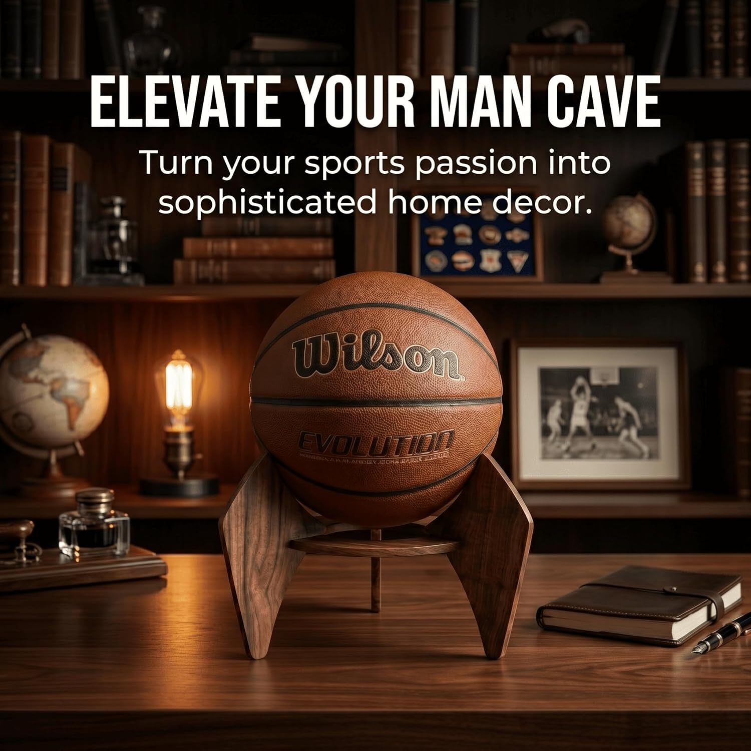Walnut Wood Basketball Holder - Elegant Desktop Sports Ball Display Stand for Autographed Memorabilia, Drill-Free Tabletop Decor & Unique Gift for Men