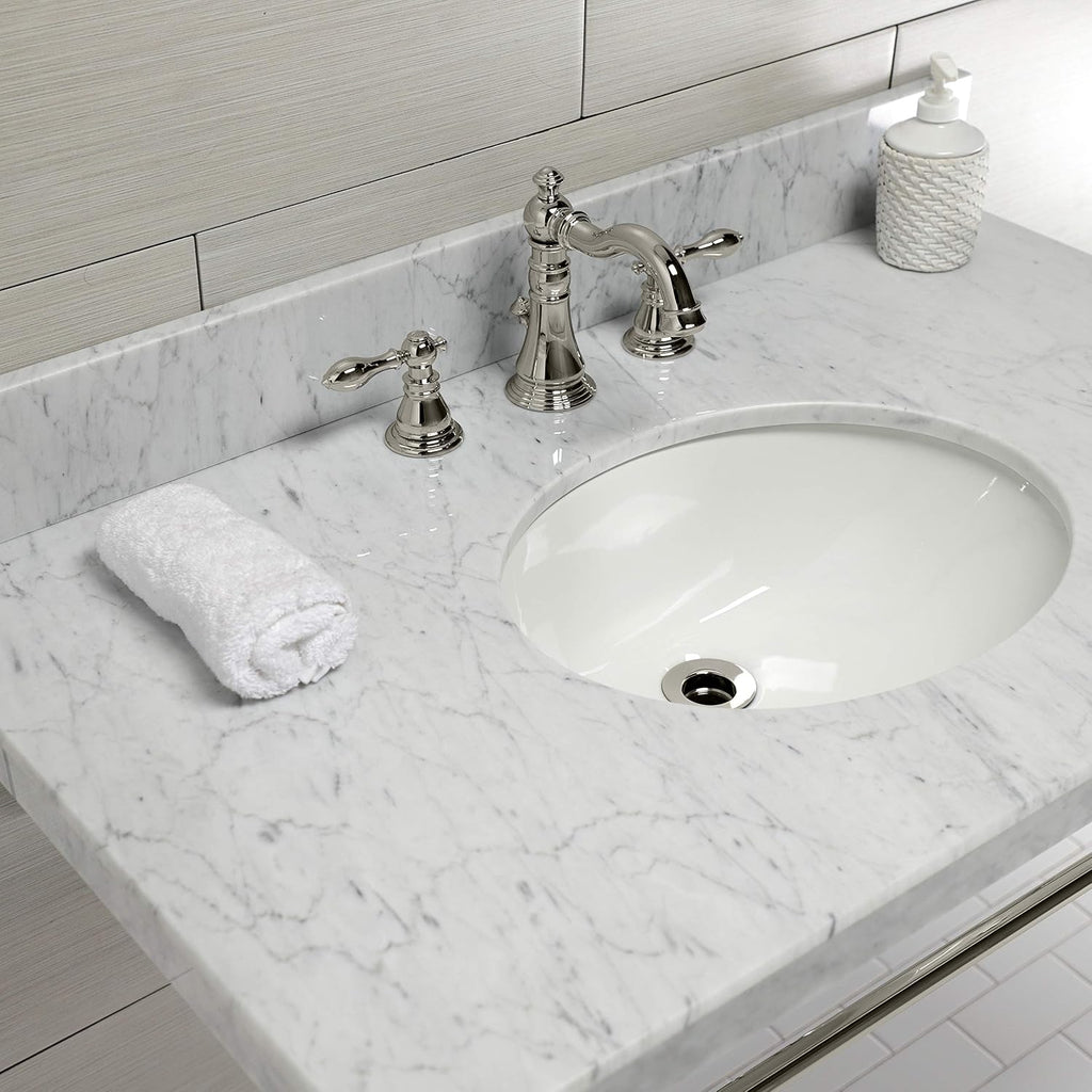 Kingston Brass KVPB3622M86 Edwardian 36" Console Sink with Brass Legs (8-Inch, 3 Hole), Marble White/Polished Nickel