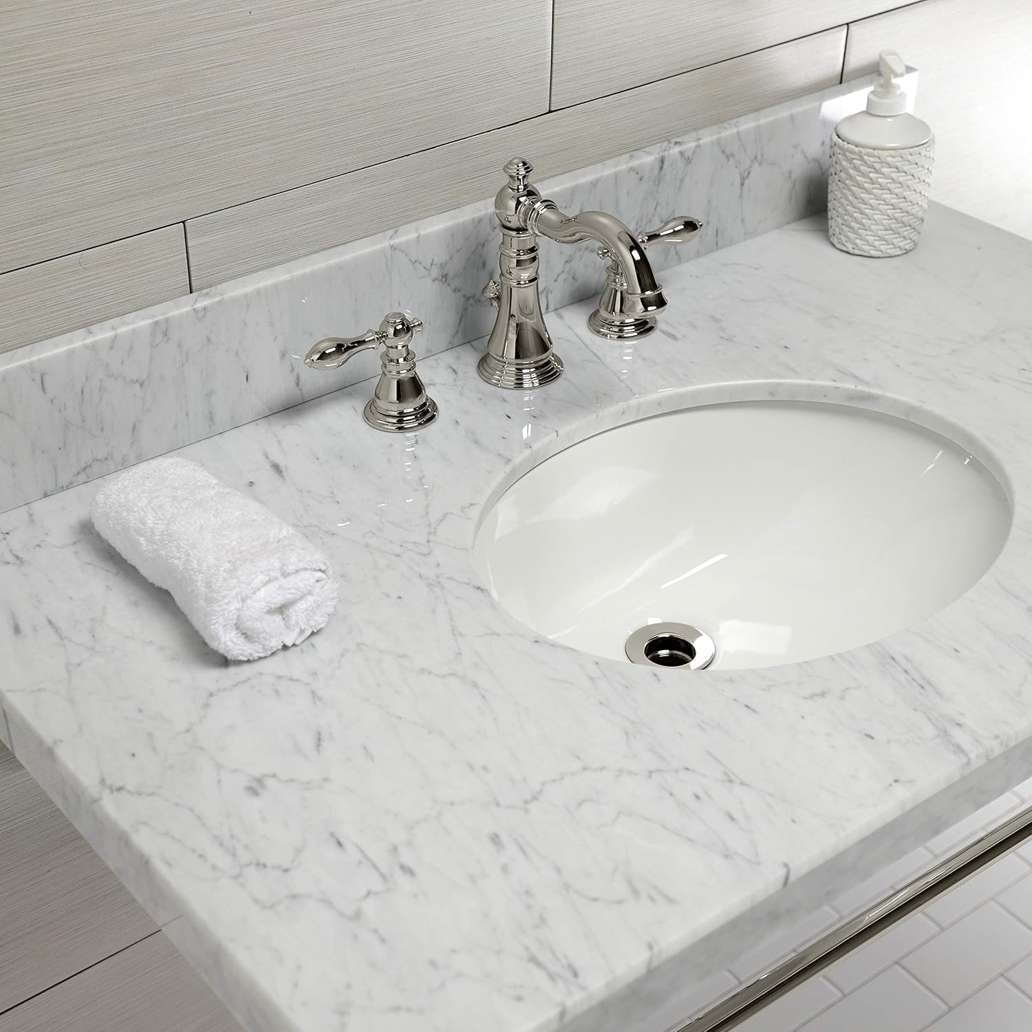 Kingston Brass KVPB3622M86 Edwardian 36" Console Sink with Brass Legs (8-Inch, 3 Hole), Marble White/Polished Nickel