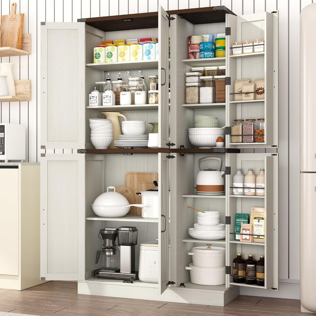 chartustriable 71in Farmhouse Kitchen Pantry Cabinet,Freestanding Tall Storage Cabinet with 6 Barn Doors,Organizer,Rustic Wood Storage Cabinets for Kitchen,Dining Room,Bathroom(White)