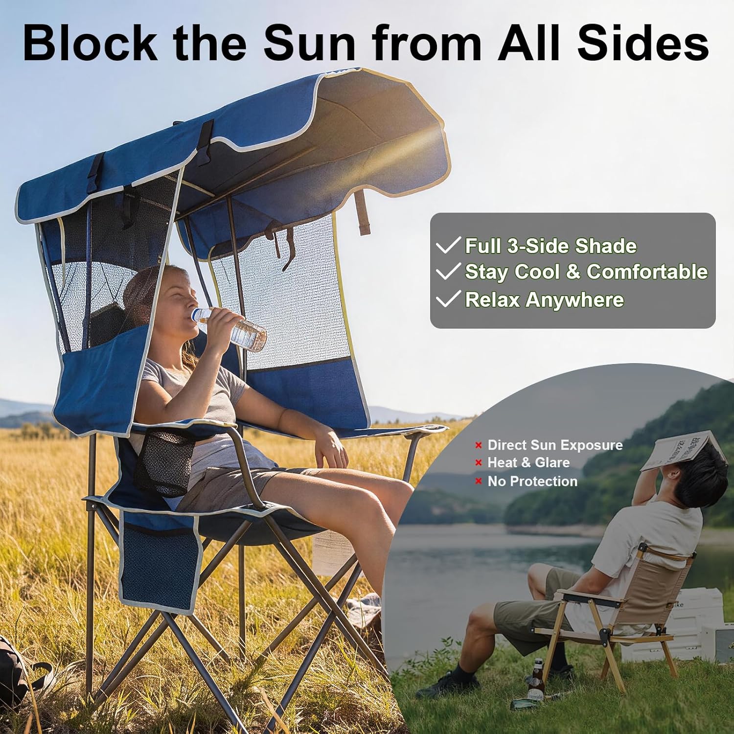 Romswi Folding Canopy Beach Camping Chairs for Adult 2 Pack, Portable Outdoor Chairs with Sunshade,Cup Holder & Side Pocket for Camping, Fishing, Beach, Backyard, Navy