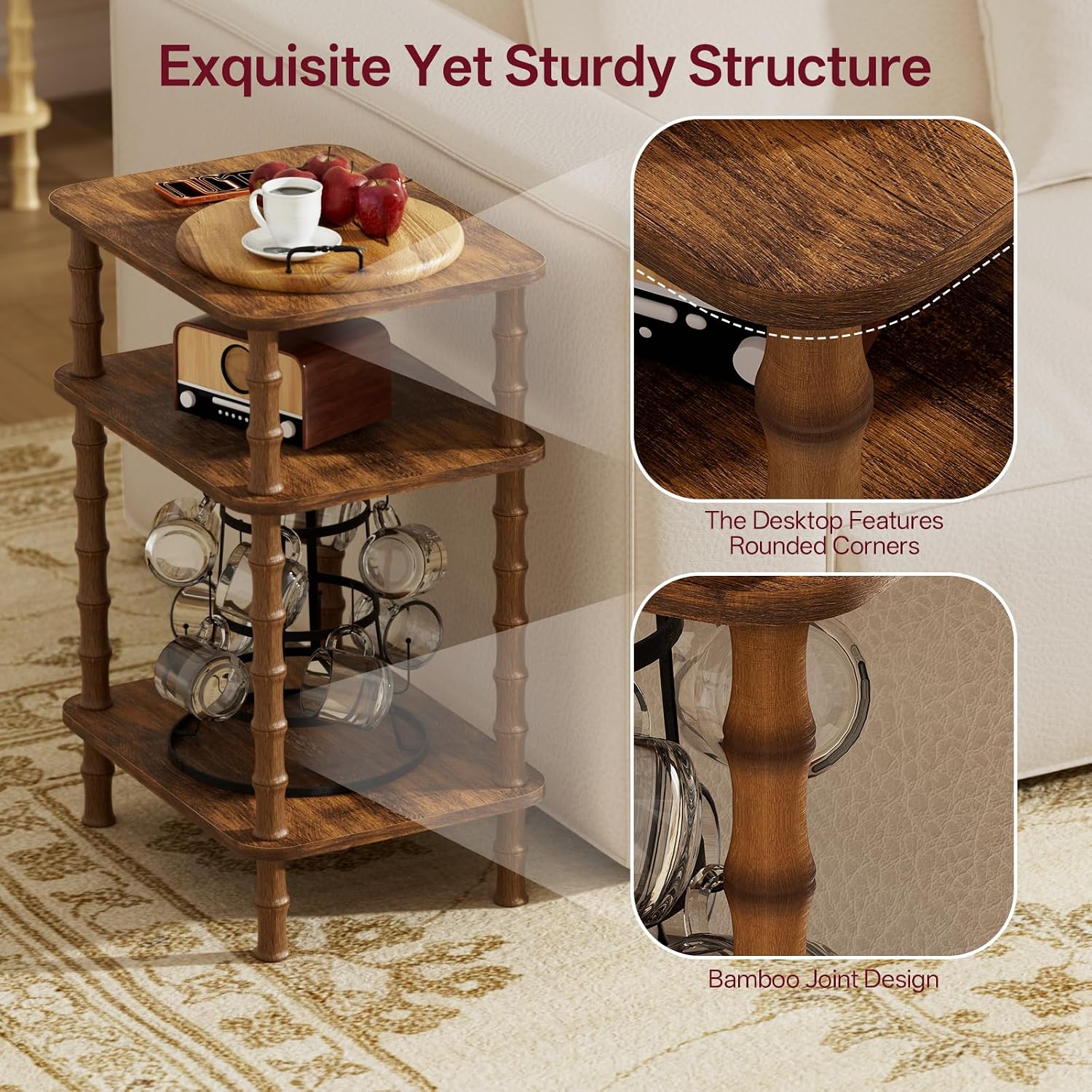 Side Table,Living Room End Tables with 3-Tier,Small Nightstand Table for Small Spaces,Sofa Side,Bedside, Bathroom,Coffee Table,Modern Bedside Table,Stable Frame,Easy Set Up (Rustic Brown)