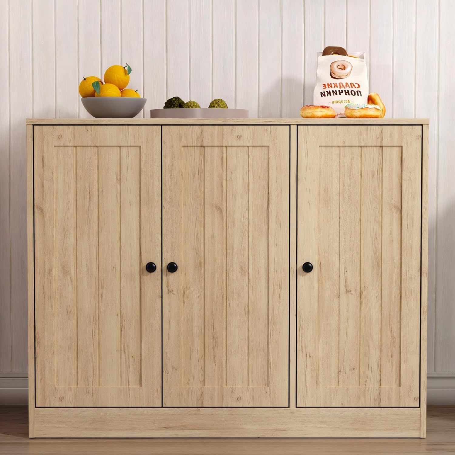 Furnify Buffet Cabinet with 3 Door, Kitchen Storage Cabinet with Adjustable Shelf, Coffee Bar Accent Cabinets for Living Room, Entryway, Natural Oak