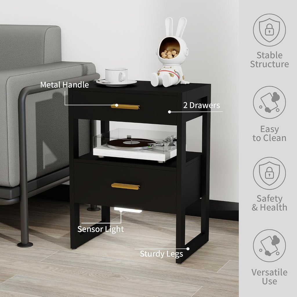 Wooden Nightstands Set of 2 with Motion Sensor Light & Storage Drawer, Modern Bedside Table End Table for Bedroom, Small Spaces, Sturdy Wood Side Table Furniture, Black